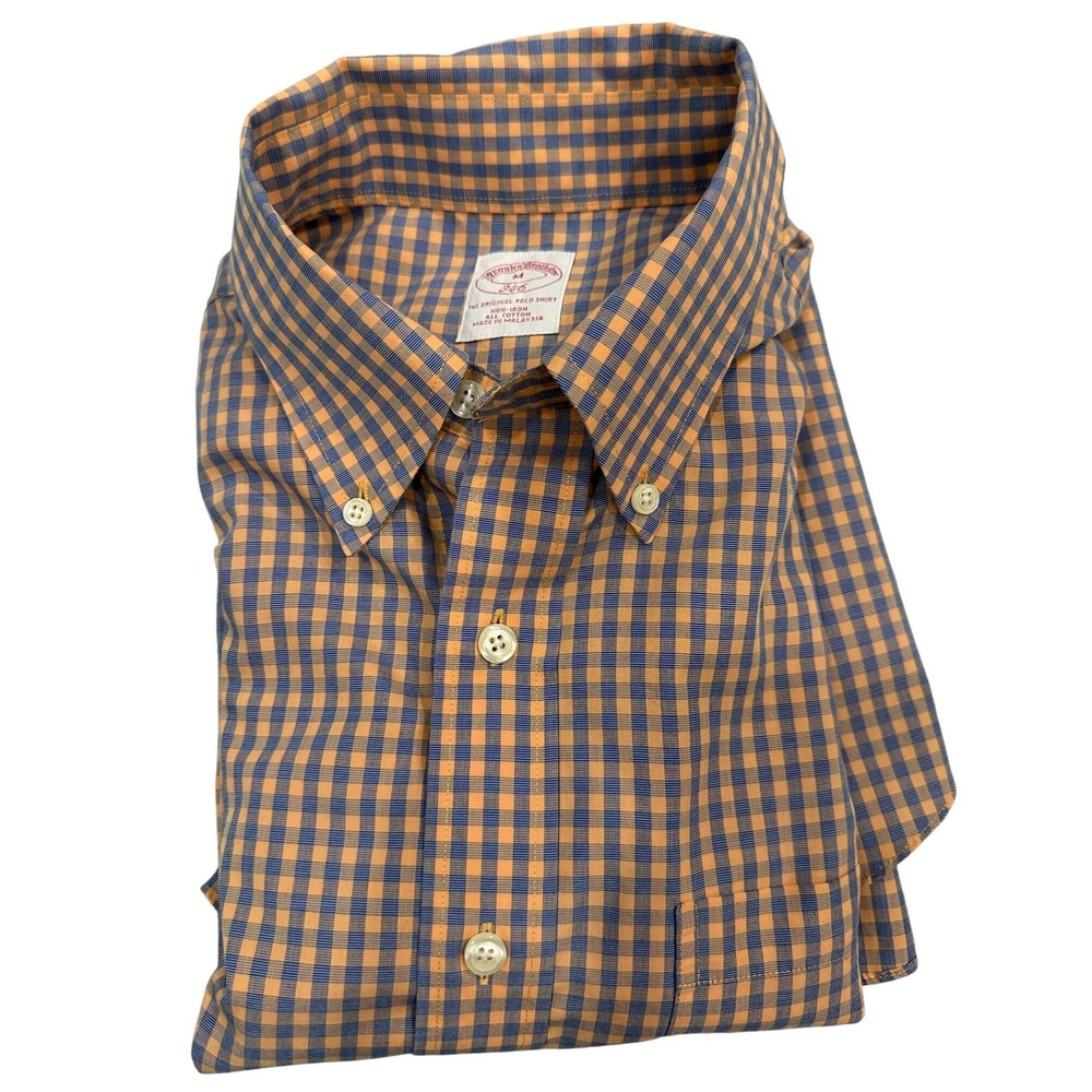 Brooks Brothers Mens M Orange Blue Gingham Cotton Short Sleeve Button Down Shirt
